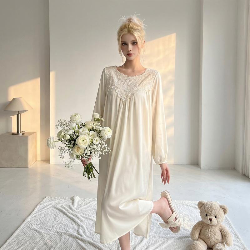 Verlängertes Nachthemd Damen Sommer Spitze Schöner Rücken Große Größe Locker Dünne Eis Seide Pyjama Sexy Reiner Wunsch Langärmeliges Kleid