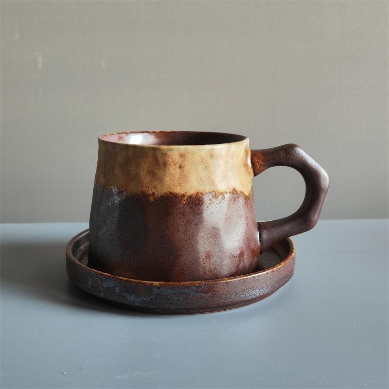 Retro Ceramic Coffee Cup And Saucer Set Creative Souvenir Cup Afternoon Tea Mug Coarse Pottery Coffee Cup