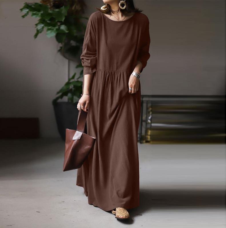 Spring Autumn Women's Vintage Solid Long Dress Women's Sundress  Casual Long Sleeve Pleated Vestidos Retro Long Loose Dress