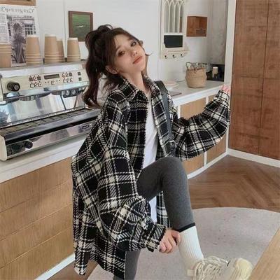 Women's Plaid Woolen Shirt Jacket – Trendy, Loose Fit for Autumn and Winter