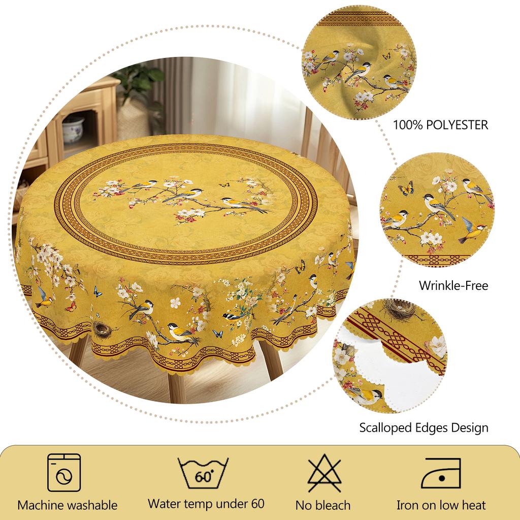 1 Piece Retro Style Flower And Bird Print Round Tablecloth, 5 Sizes Available, Square Tablecloth With Retro Shading Plum Blossom Flower And Bird Print
