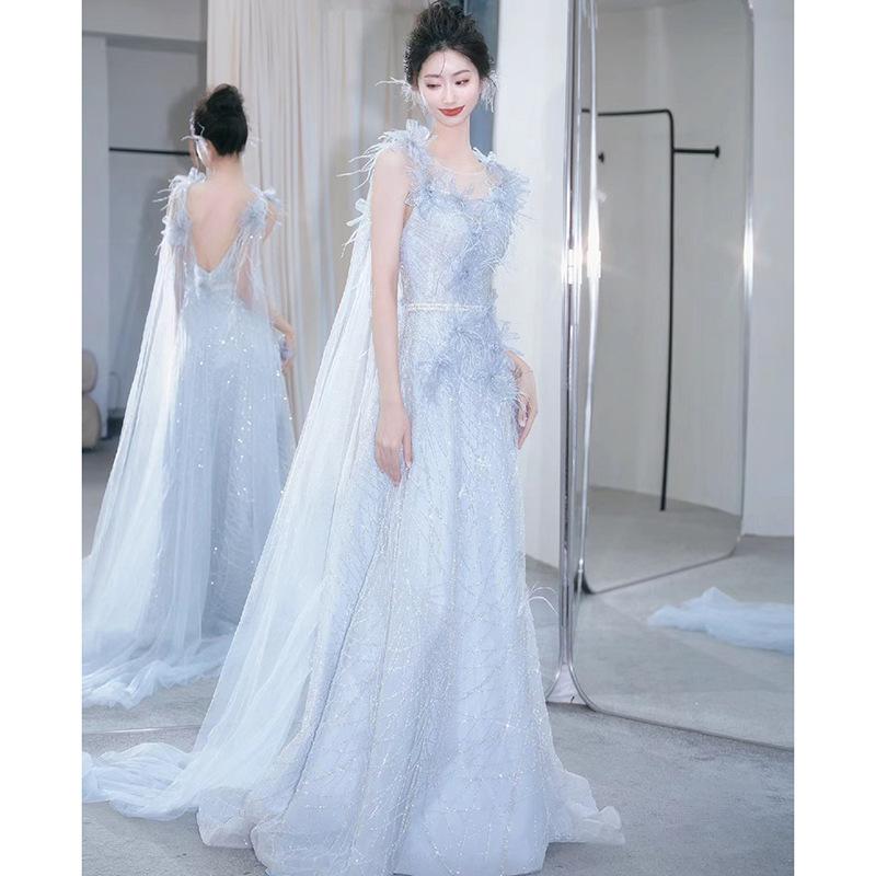 Evening Dress Fairy Suspender Host Birthday Banquet Bar Mitzvah Blue Fluffy Yarn Annual Meeting Dress High Sense