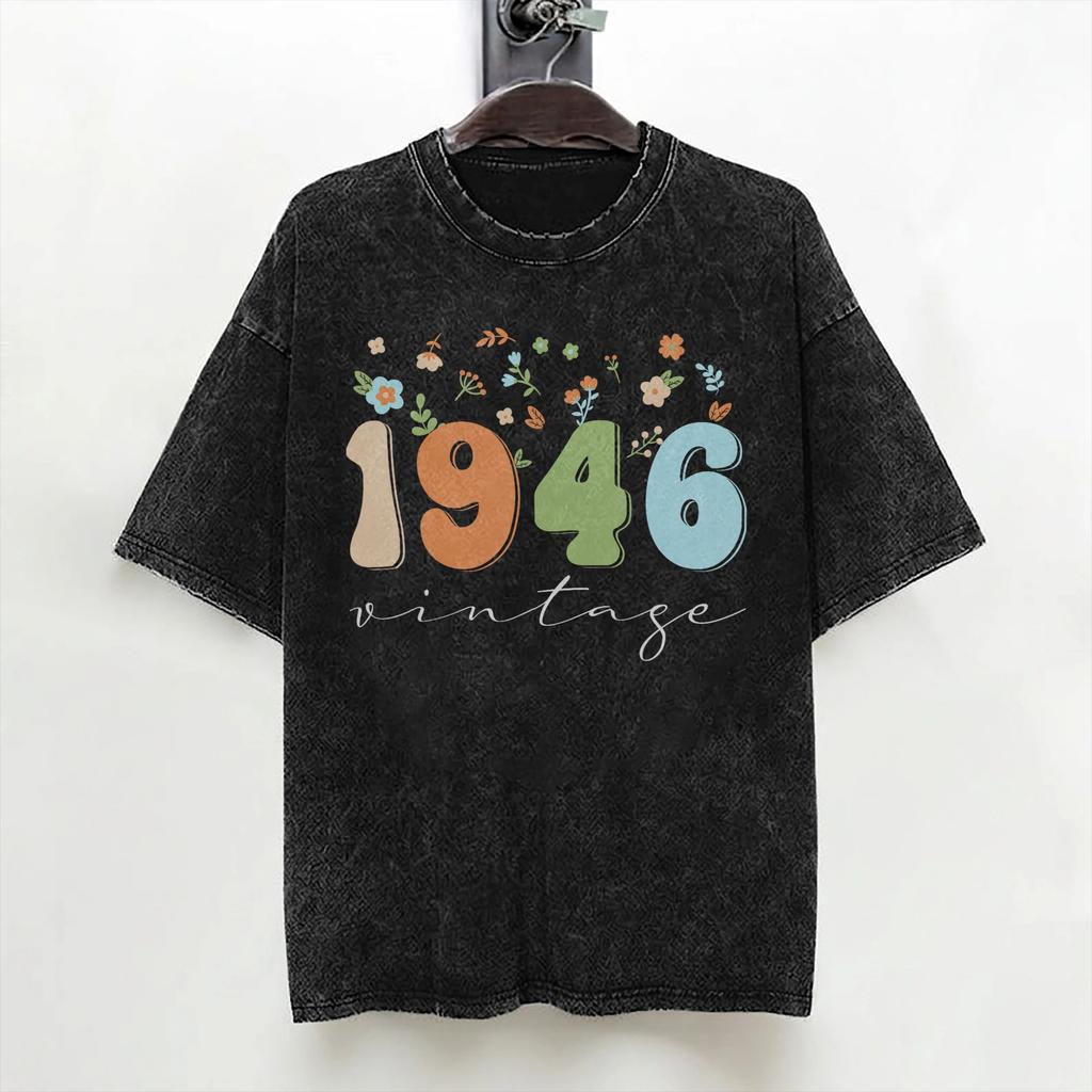 80th Birthday Born 1946 80 Year Old T Shirt Washed 100 Cotton Oversize TShirts Fashion for Men Women Streetwear Printed Tees