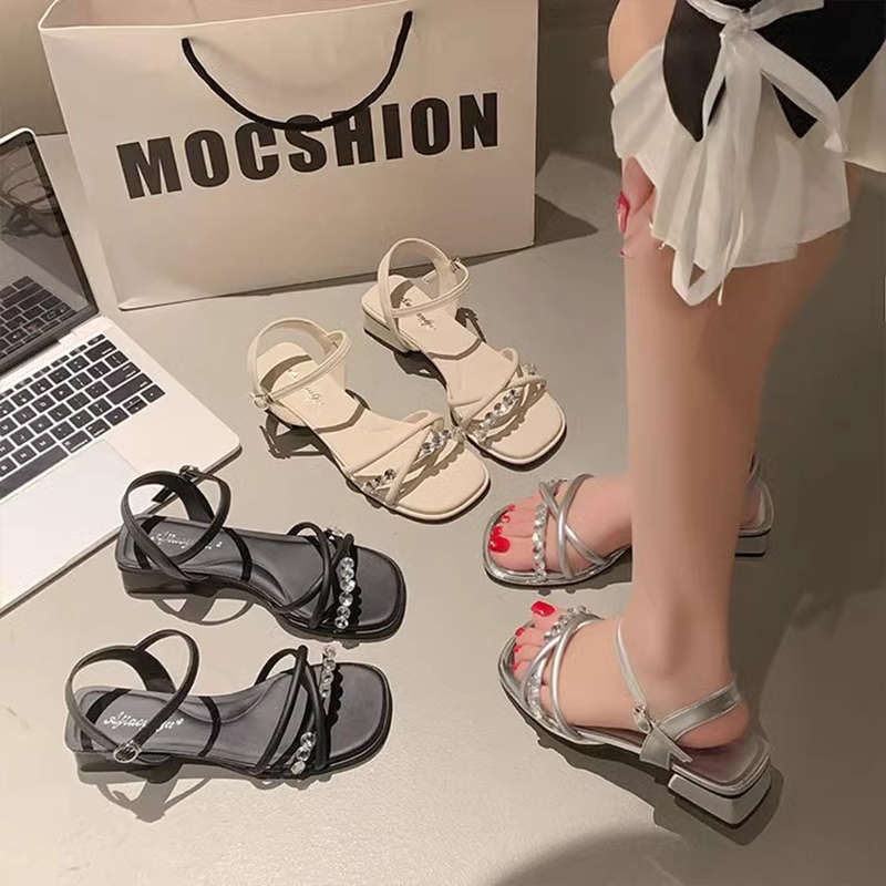 French Open-toed Rhinestone Sandals Women's Summer New Thick Heel Square Head One-word Buckle Skirt Roman Shoes