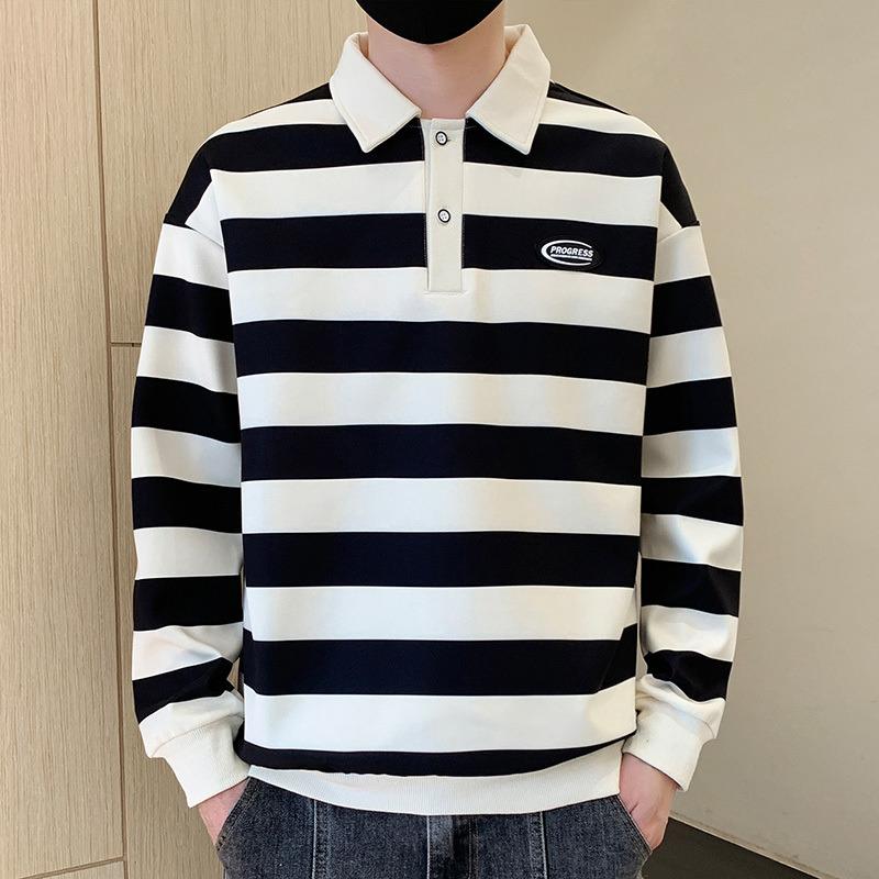 

Men s Striped Long Sleeve Polo Shirt, Black White Color Block Casual Top with Small Label Detail, Regular Fit Daily Wear Pullover M чорний