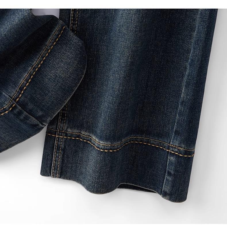 2024 High-Waisted Fleece-Lined Cropped Straight-Leg Retro Dark Blue Women's Jeans for Autumn/Winter
