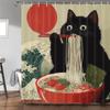 Cortina de ducha divertida de gato japonés Vintage Divertida Genial Linda Arte de gato negro Cortina de ducha Asiática Japón Atardecer Anime Ola del océano Única