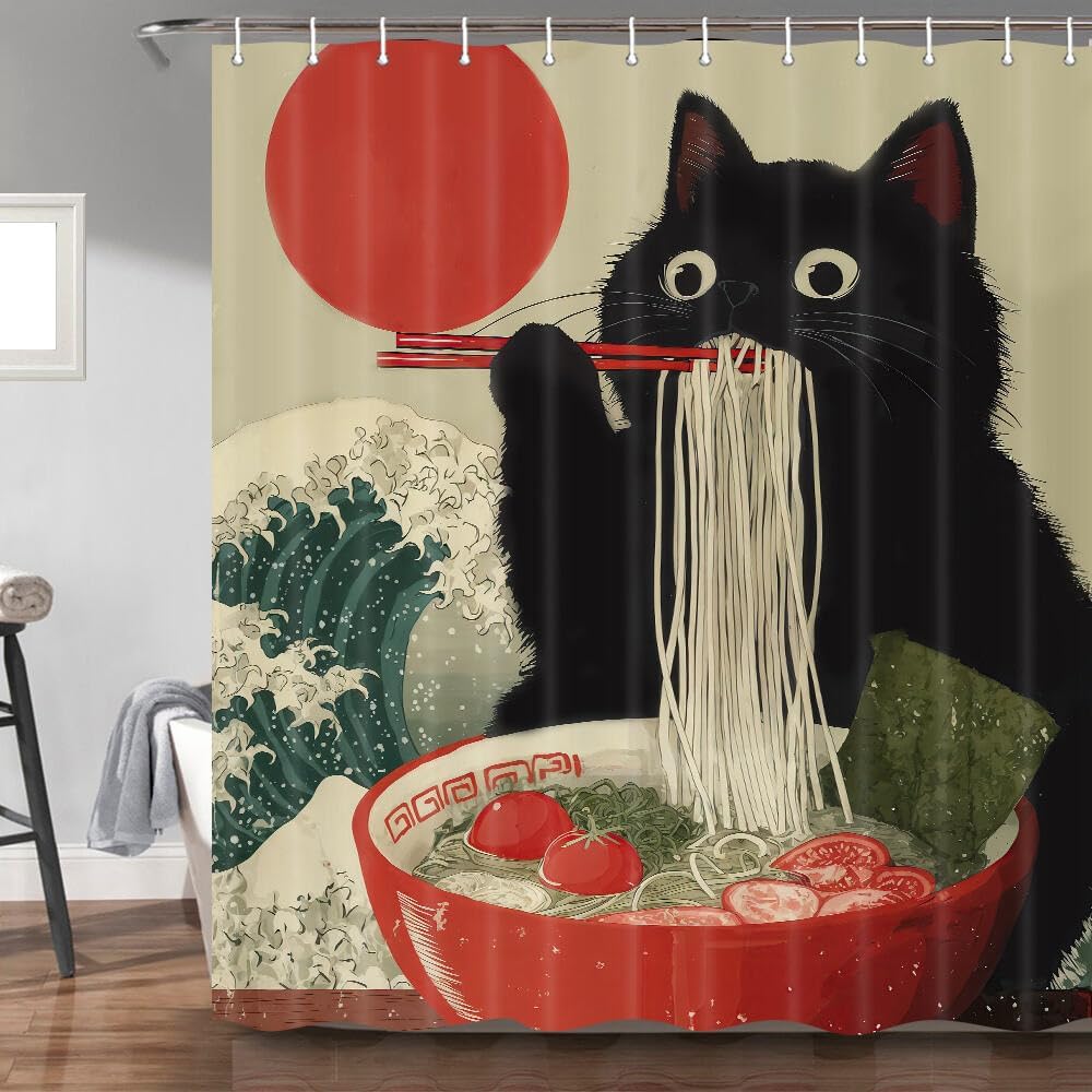 Cortina de ducha divertida de gato japonés Vintage Divertida Genial Linda Arte de gato negro Cortina de ducha Asiática Japón Atardecer Anime Ola del océano Única
