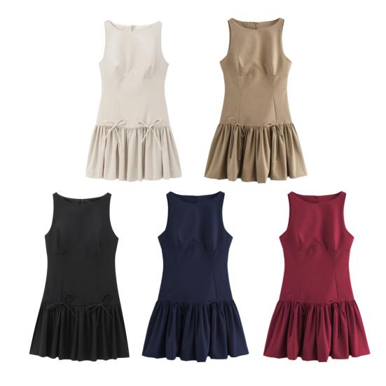Women Summer Dress Sleeveless Bow Decor Pleated A-line Solid Color Mini Dress Back Zipper Closure O Neck Vest Dress for Dating Party