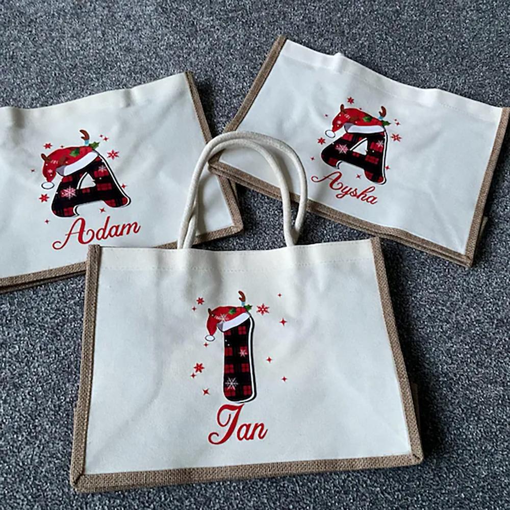 Personalised Christmas Initial Tote Bag Santa Sack Present Holiday Gift Bag Women New Year Birthday Christmas Eve Party Decor