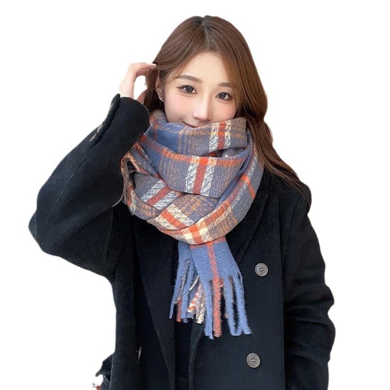 Premium Winter Korean Plaid Scarf: Warm, Thick, Red, Tassel Shawl for Women