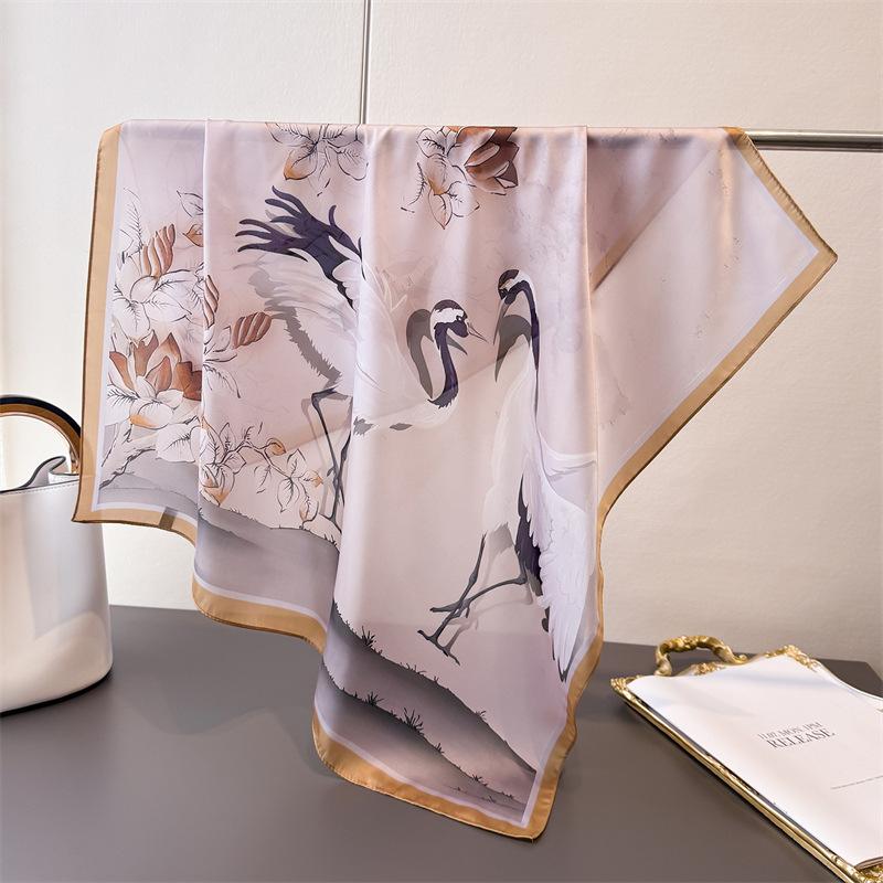 71Cm Small Square Scarf Imitation Silk Scarf Headscarf Silk Crane Shadow Printing Neck Protection Scarf Professional Versatile Scarf Scarf Scarf