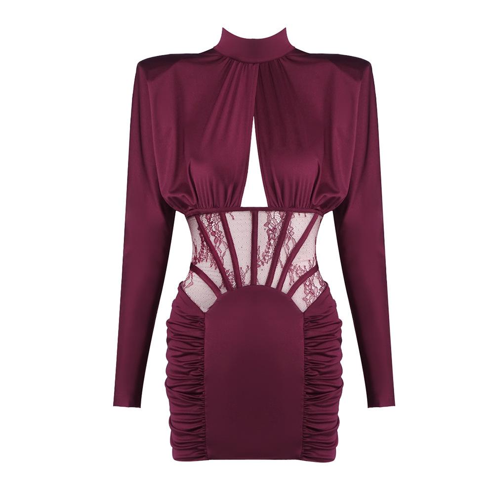 European & American Fashion Stretch Satin Hip-Hugging Dress XS бордовый