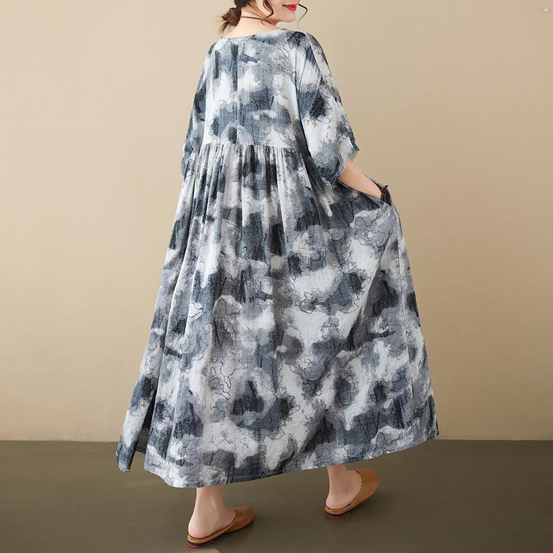 Summer New Loose Big Yards Retro Ethnic Style Cotton and Linen Ink Printing Short-sleeved Dress Women's Round Neck Long Skirt
