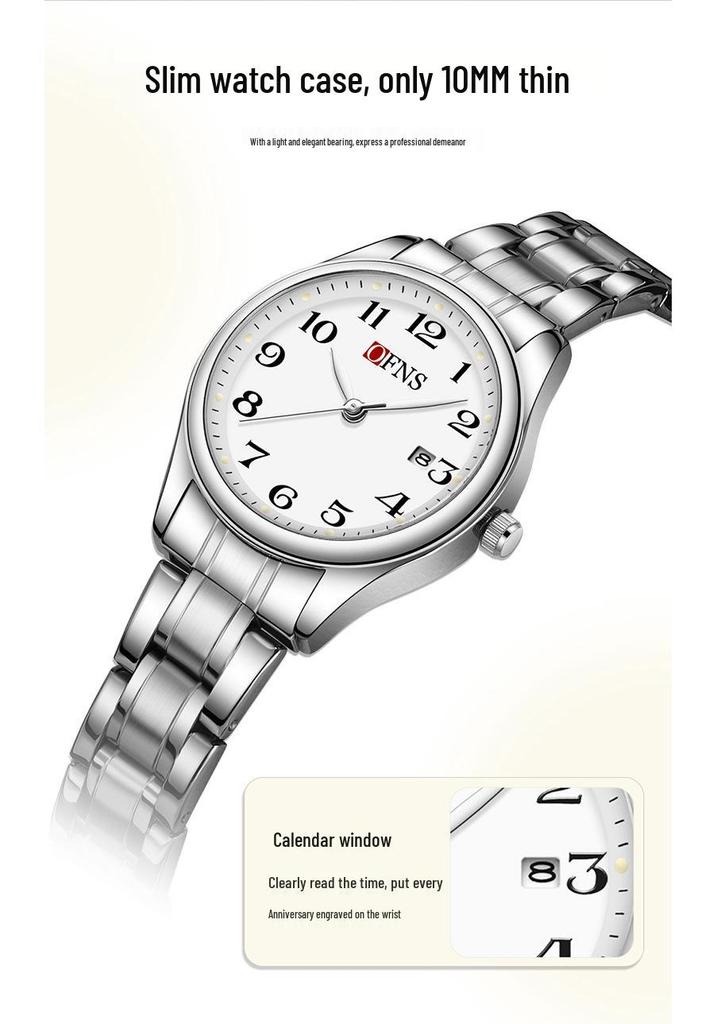 OFNS Couple's Wristwatch - Waterproof, Luminous, Quartz Watch with Steel or Leather Strap, Calendar Feature, for Casual or Business.