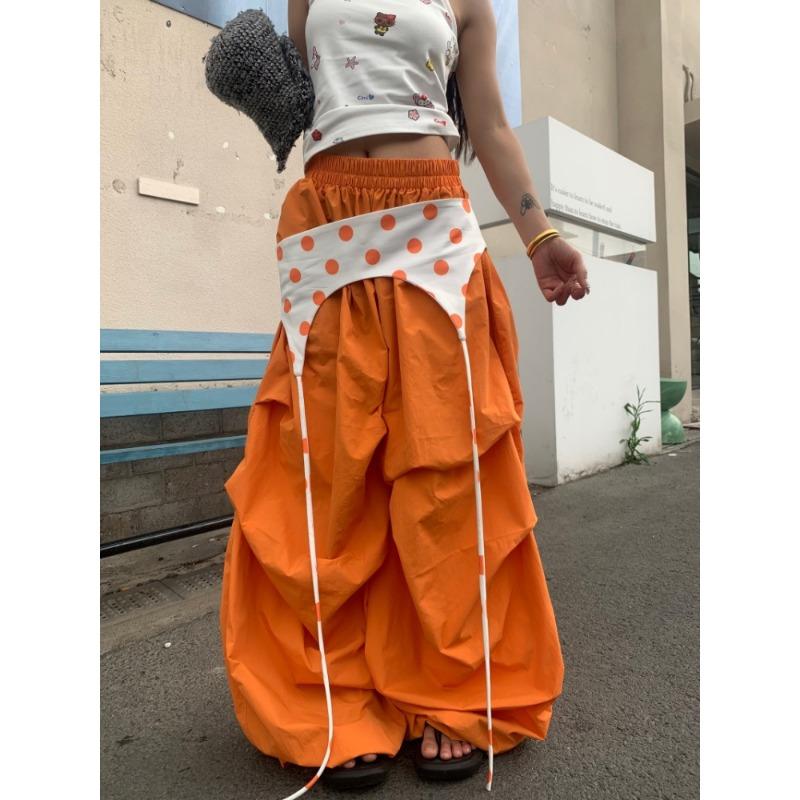 

Большой размер, дизайнерский сенс, контрастная цветная вставка, накладные парашютные брюки, женские летние свободные уличные танцы, универсальные драпированные брюки с широкими штанинами 2XL оранжевый