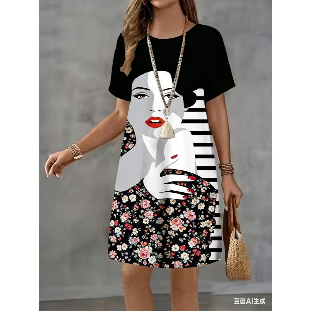 

Fashion abstract face print dress - Women s street-style, individualistic urban beauty dress XL