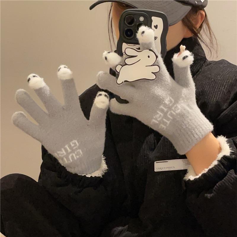 Knitted wool warm gloves winter female cartoon cute thickened student writing cold five fingers exposed