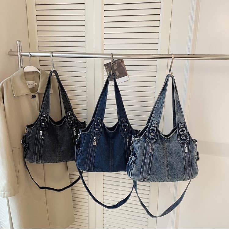Vintage Multi-zipper Denim Bag Women's Shoulder Messenger Bag