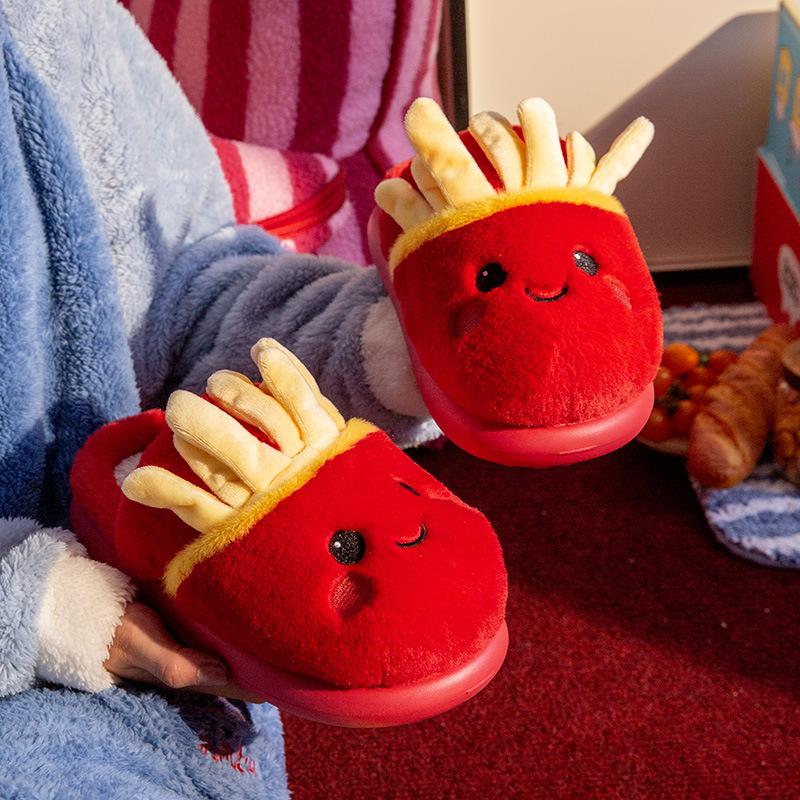 Fashion French Fries Cotton Slippers Women Men Autumn Winter Home Floor Shoes Cute Cartoon Warm Faux Fur Couples House Fluffy Slides