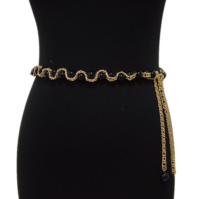Women s belt - casual & stylish pearl & metal chain belt - wrap-around decorated pearl slim waist chain 60-90cm чёрный