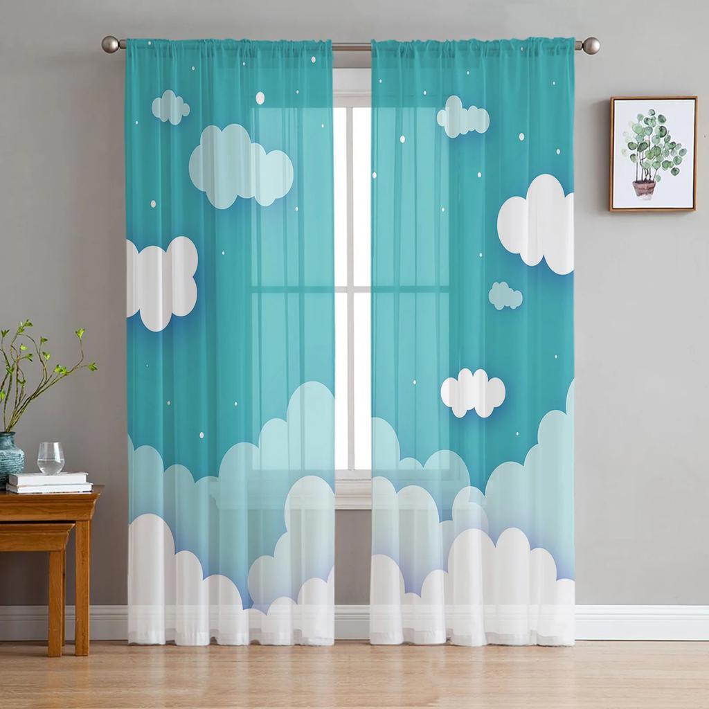 Cartoon Clouds Stars Curtain Living Room Bedroom Voile Drape Kitchen Window Tulle Curtains Home Essentials Light Filtering Made Of Polyester Treatment