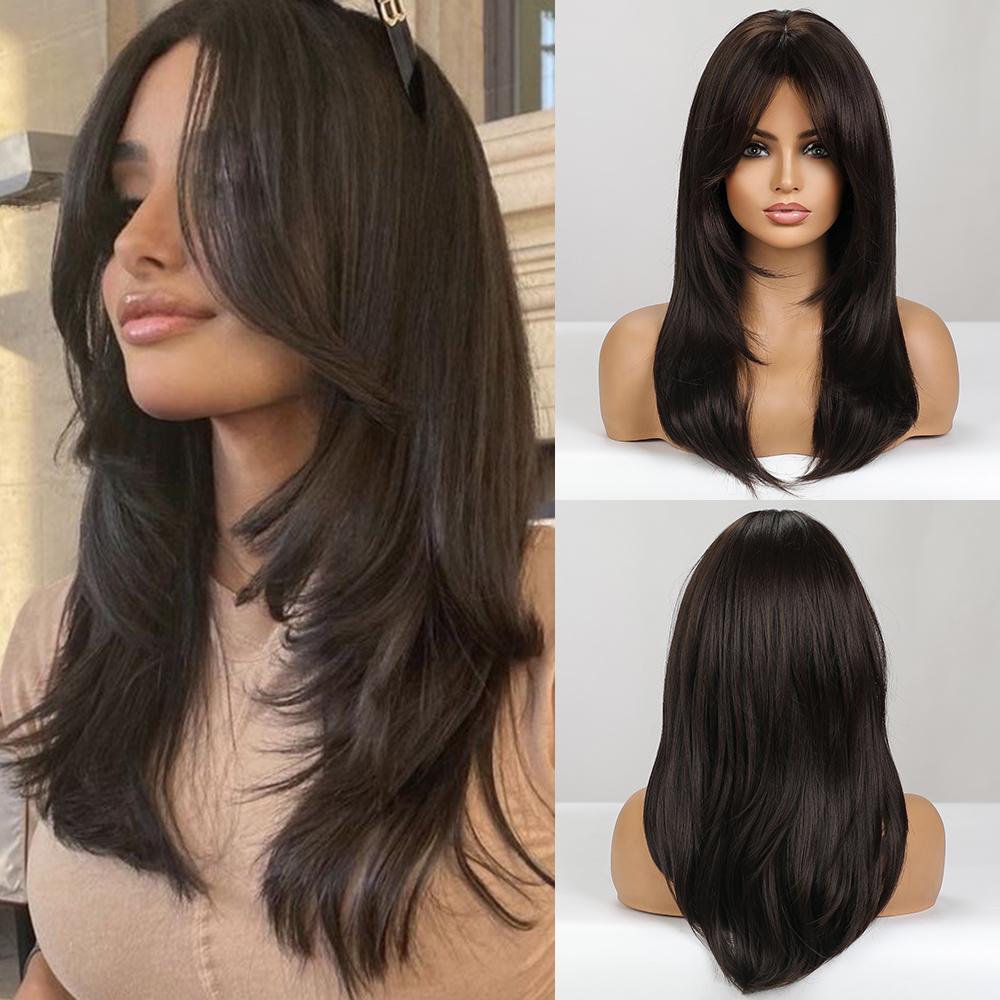 Synthetic Wigs Long Natural Wavy Wig Ombre Brown Golden Highlight Blonde Layered Hair with Side Bangs for Women Heat Resistant