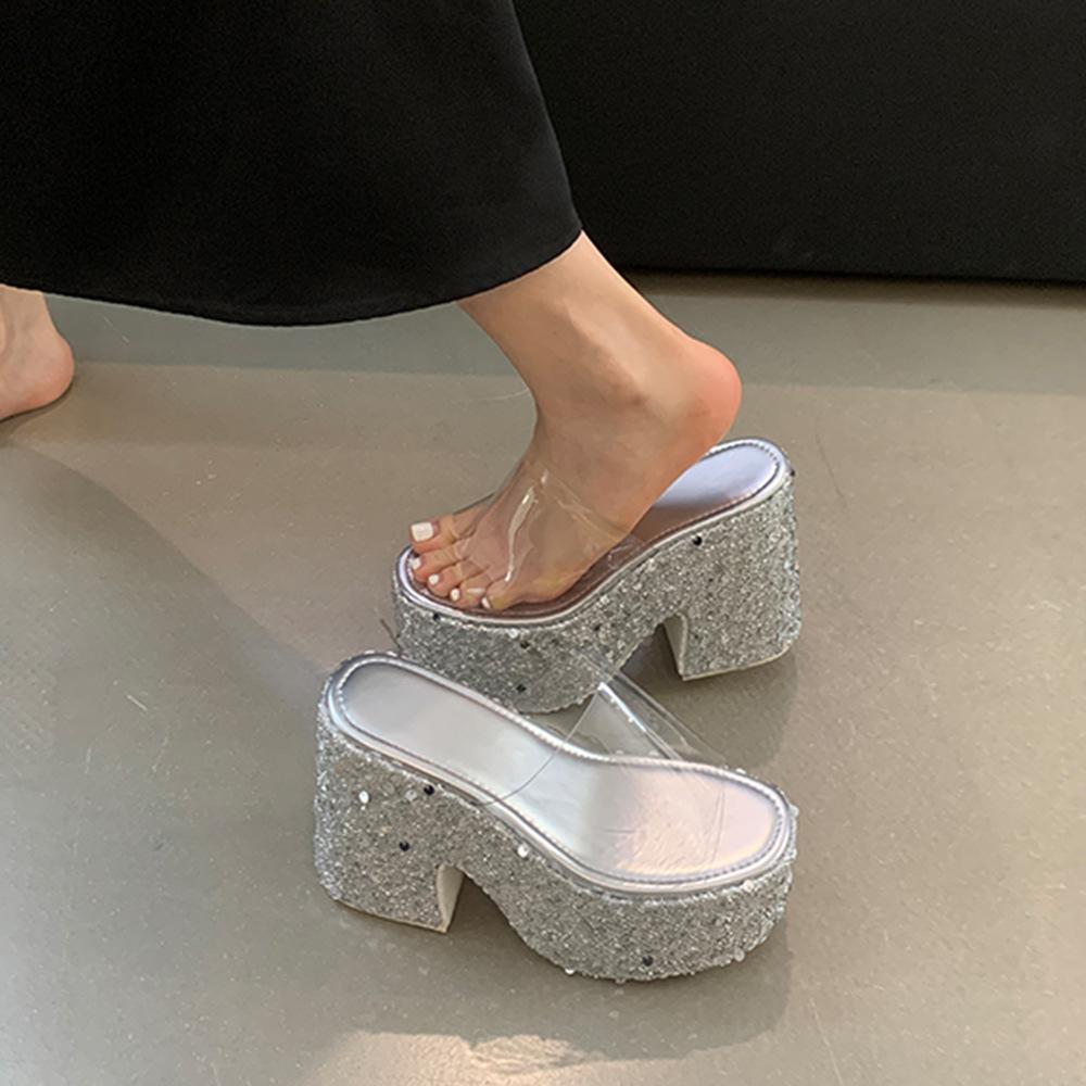 Cool slippers women's high-end outer wear summer thick heel heightened high heel muffin bottom thick-soled slippers