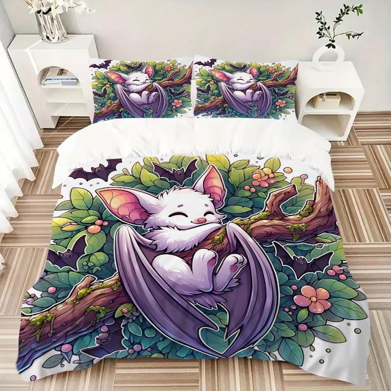 3pcs Cute Bat on a Branch Bedding Set - Includes 1 Quilt Cover and 2 Pillowcases, Comfortable Bedding with Stylish Design for Bedroom, Machi