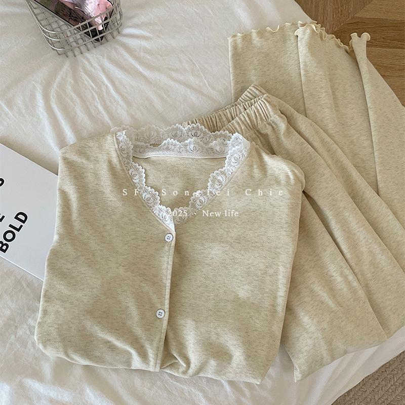 

7 кружевной пижамный комплект осень и зима новый грибной край пряжка свободный с длинным рукавом домашняя одежда комплект из двух предметов average size