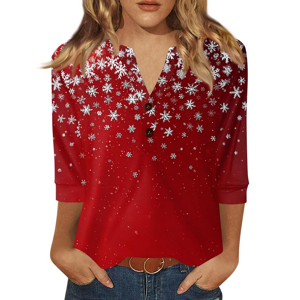 Women's T Shirt Christmas Print Button 3/4 Sleeve Daily Weekend Fashion Basic V- Neck Regular Top