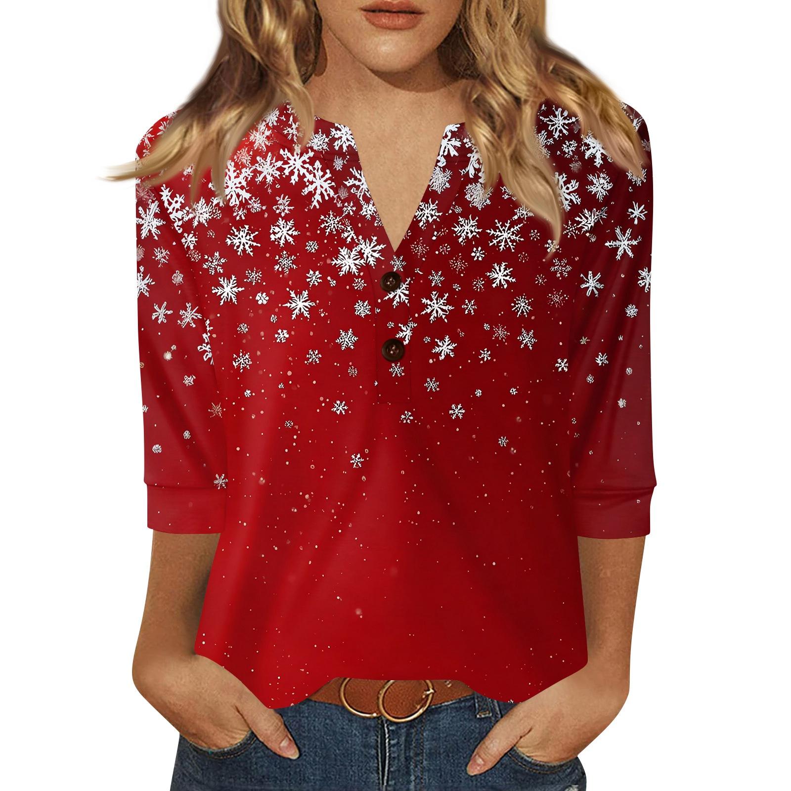 

Женская футболка с рождественским принтом, на пуговицах, рукав 3/4, повседневная, выходного дня, модная, базовая, с V-образным вырезом, стандартный топ XXL красный
