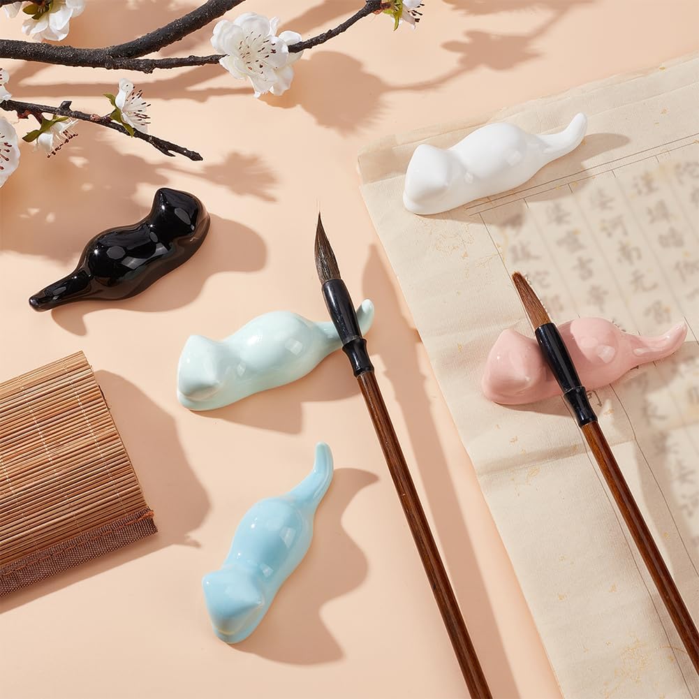 PH PandaHall 5pcs Chinese Calligraphy Brushes Rest Stand 5 Colors Ceramics Cat Shape Brushes Rest Holder Cute Painting Brushes Rests Writing Brush