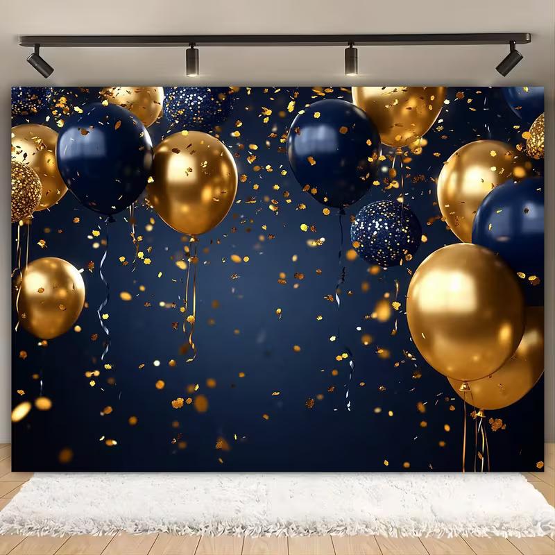 2D Navy Blue Gold Balloon Backdrop Cloth for Birthday, Graduation & Wedding