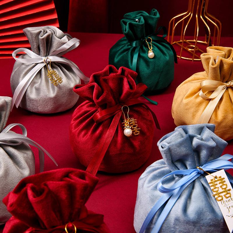 European Style Velvet Round Candy Bag - Creative Wedding & Festival Favor with Drawstring