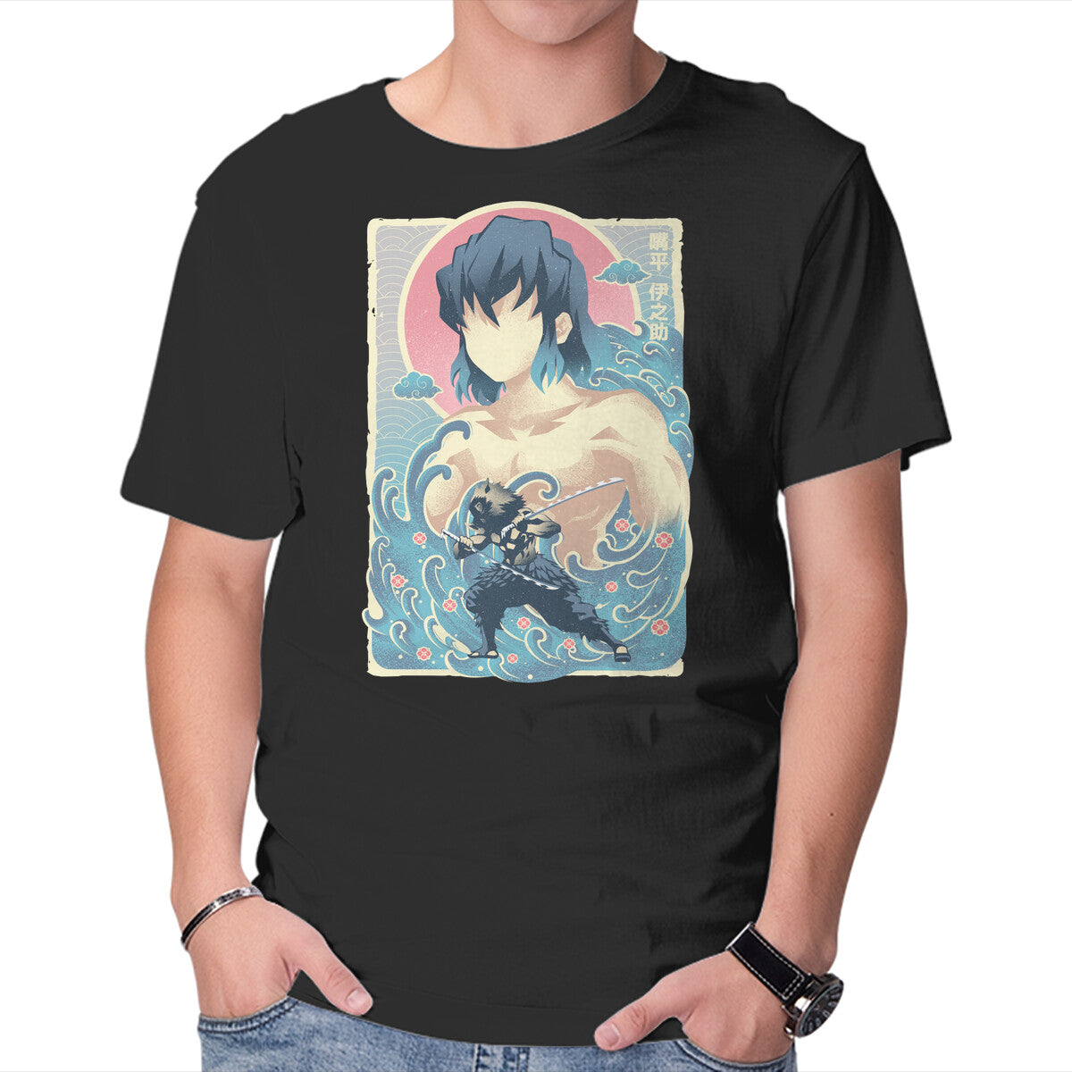 Unisex Crew Neck T-Shirt Great Wave Inosuke Graphic Short Sleeve Casual Tee L