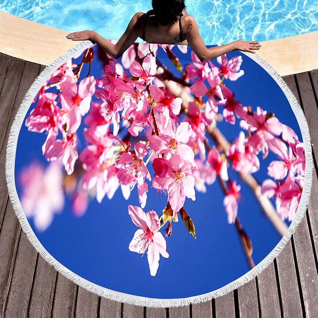 Cherry Blossom Round Beach Towel,Cherry Blossom Tree In The Sun Sand Anti-Sand Beach Blanket Absorbent Quick Dry Soft Pool Towel
