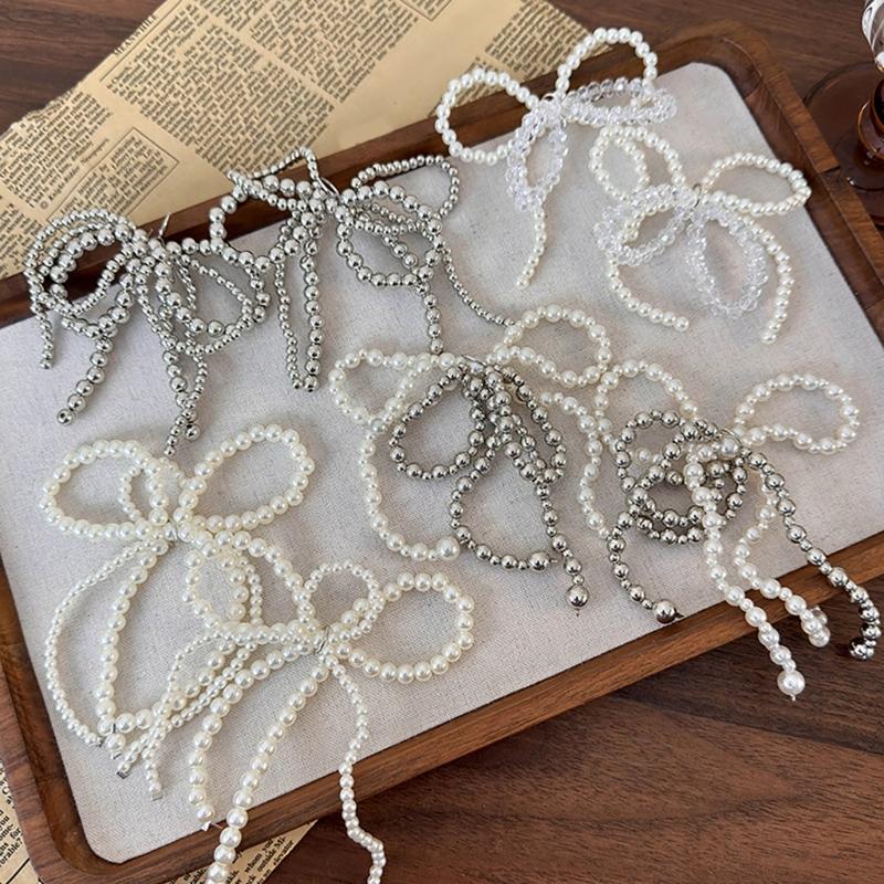 Fashionable Pearls and Silver Bead Butterfly Bowknot Pendant Portable Accessory for Parties Supplies and Office Wear