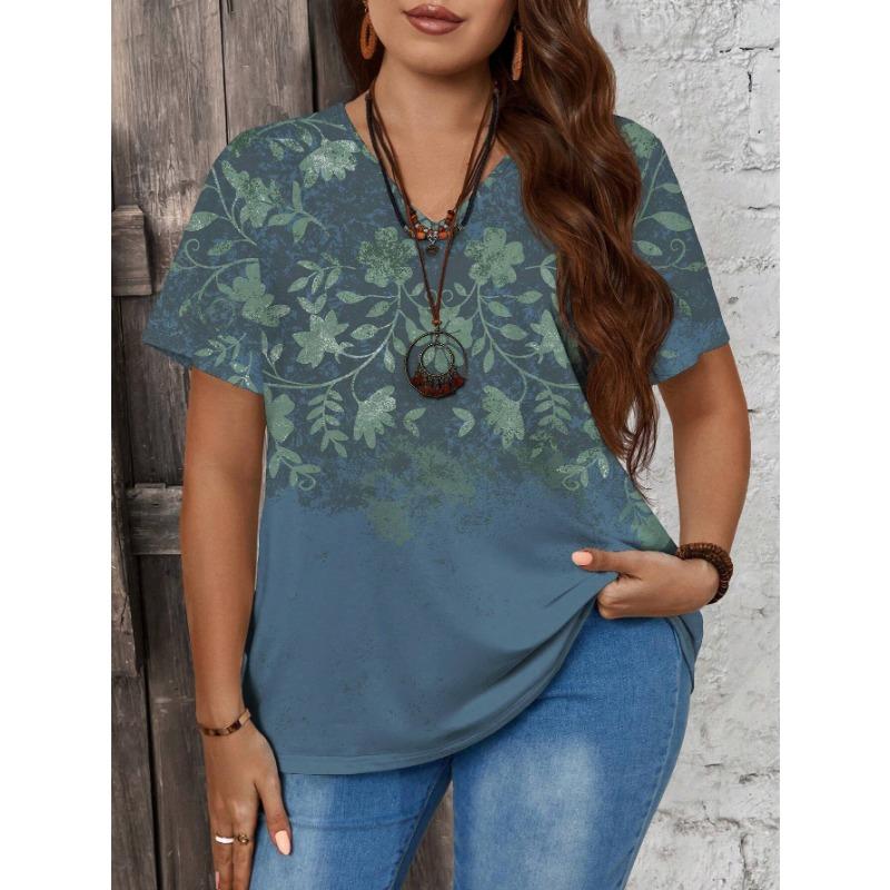Summer V-neck Flower Pattern 3D Printed Top Fashionable Casual Short Sleeved Women's T-shirts