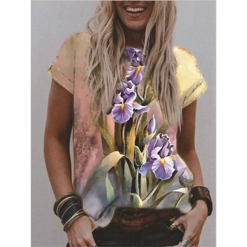 Summer Round Neck 3D Flower Print Top Fashionable Casual Short Sleeved Women's T-shirts