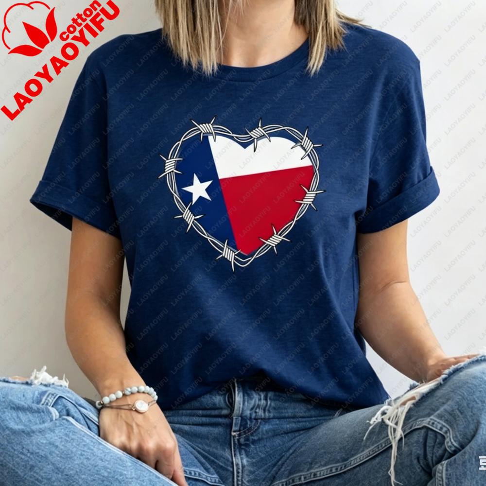 Texas Flag Barbed Wire Heart Graphic T Shirt Unisex Summer Fashion Cotton Short Sleeve Texas Western Pride Casual Daily Outfit S