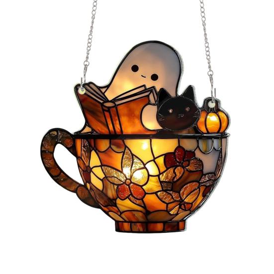 Halloween Reading Ghost Suncatcher Decoration Hanging Chair Cartoon Ghost Stained Glass 2D Flat Acrylic Wall Window Hanging Sign Ornament