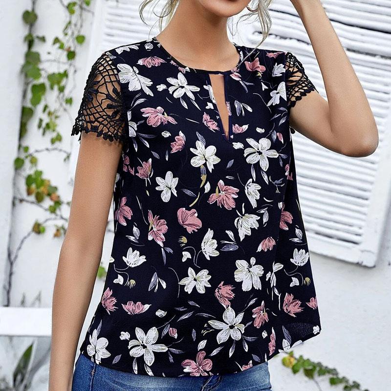 

Пуловер с круглым вырезом Кружевной топ с короткими рукавами с принтом с открытыми плечами Футболка женская T96094 XXL