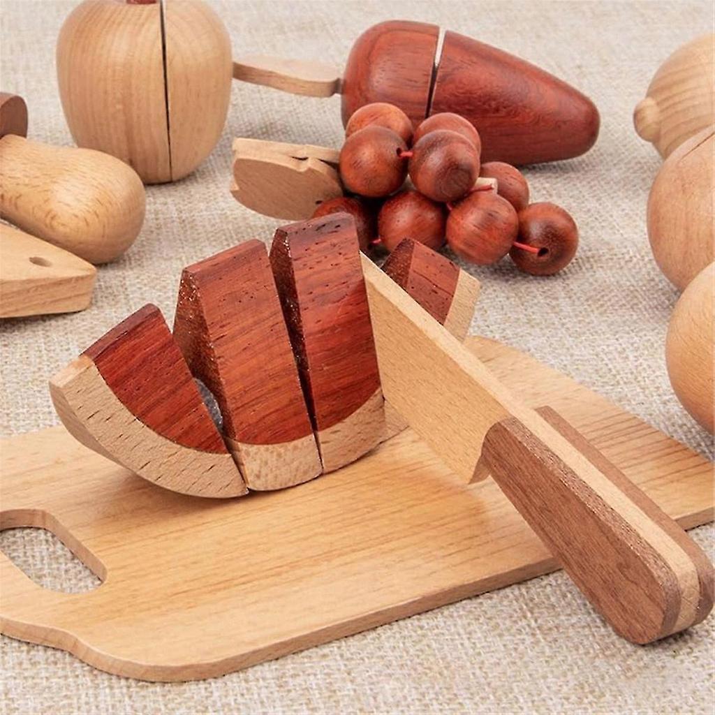 Wooden Play Food Set with Fruits and Vegetables, Natural Simulated Colors for Cooking Roleplay