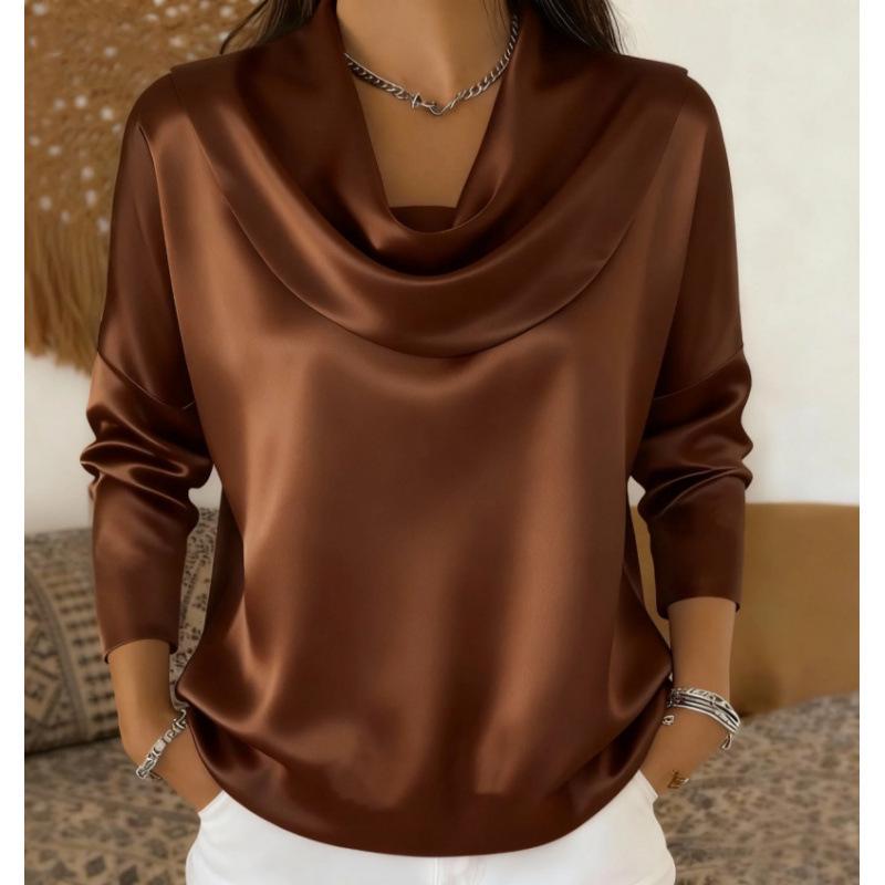 

2026 Spring/Summer Women s Batwing Neck Casual Solid Long Sleeve Shirt XX-Large темно-коричневого кольору