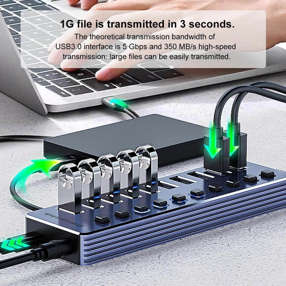 Powered USB Hub 10-Port Splitter Socket with Multi USB 3.0 Port Slot Plug On-Off Key Switch Dock Power Strip Adapter for Laptop