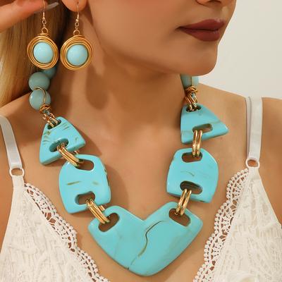 2026 Set di Gioielli Statement Collana e Orecchini in Resina Geometrica Irregolare Imitazione Turchese alla Moda per Donna Accessori da Festa