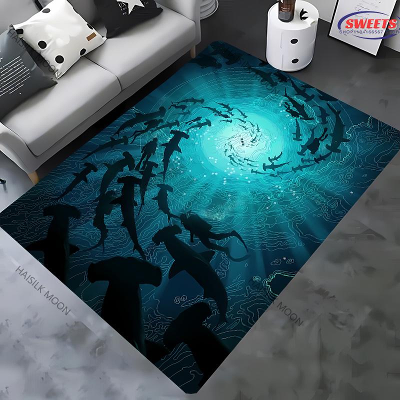 1pz Tappeto Stampato a Tema Squalo Grande per Camera da Letto Soggiorno Arredo Divano Casa, Tappetino Antiscivolo per Giochi Bambini, Spedizione il Giorno Successivo