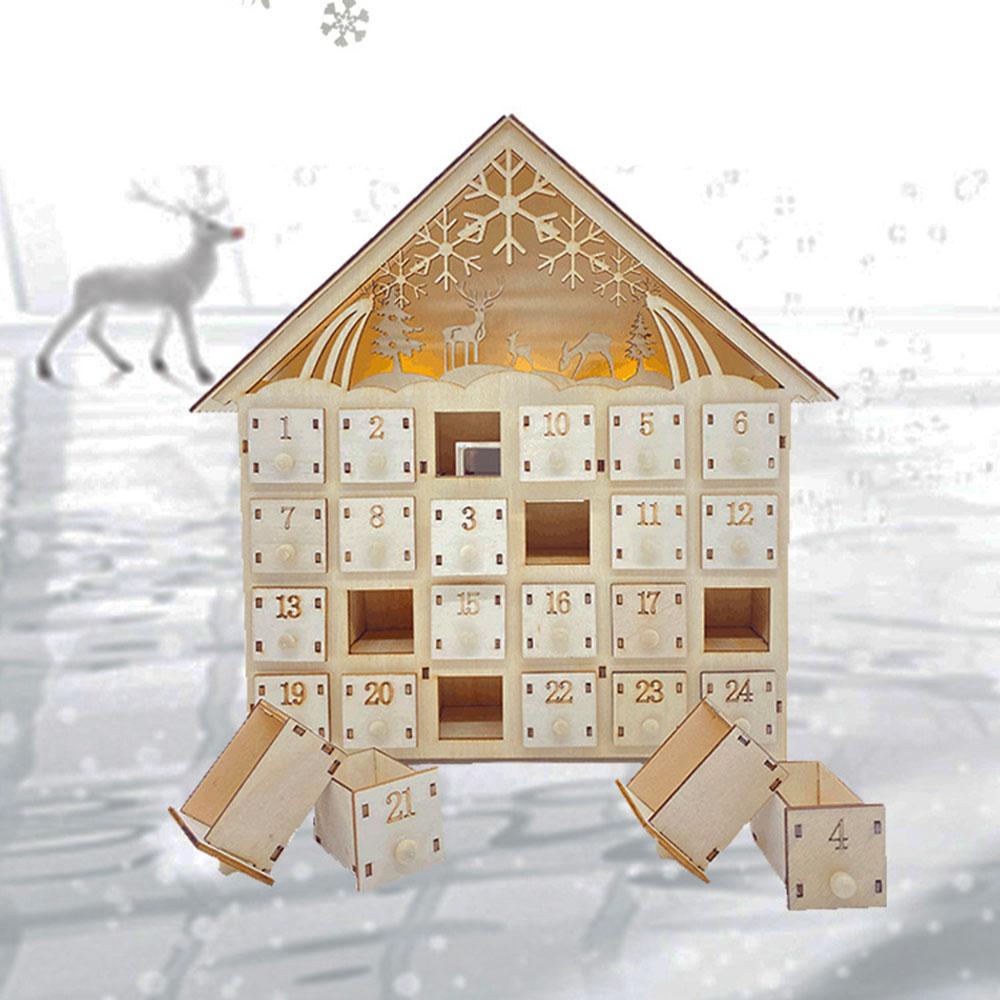 Calendar de Crăciun cu numărătoare inversă pe 24 de zile, cu sertar din lemn luminos, decor pentru casă, ornament pentru copii, organizator de sertar pentru bomboane și cadouri luminoase