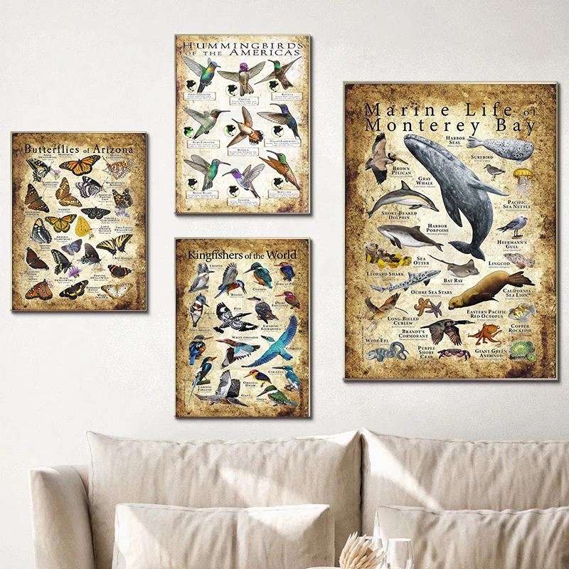 Abstrakt HD-tryck Fjäril Groda Fåglar Haj Marina Djur Collage Poster Canvas Målning Vintage Väggkonst För Barn Sovrum Heminredning